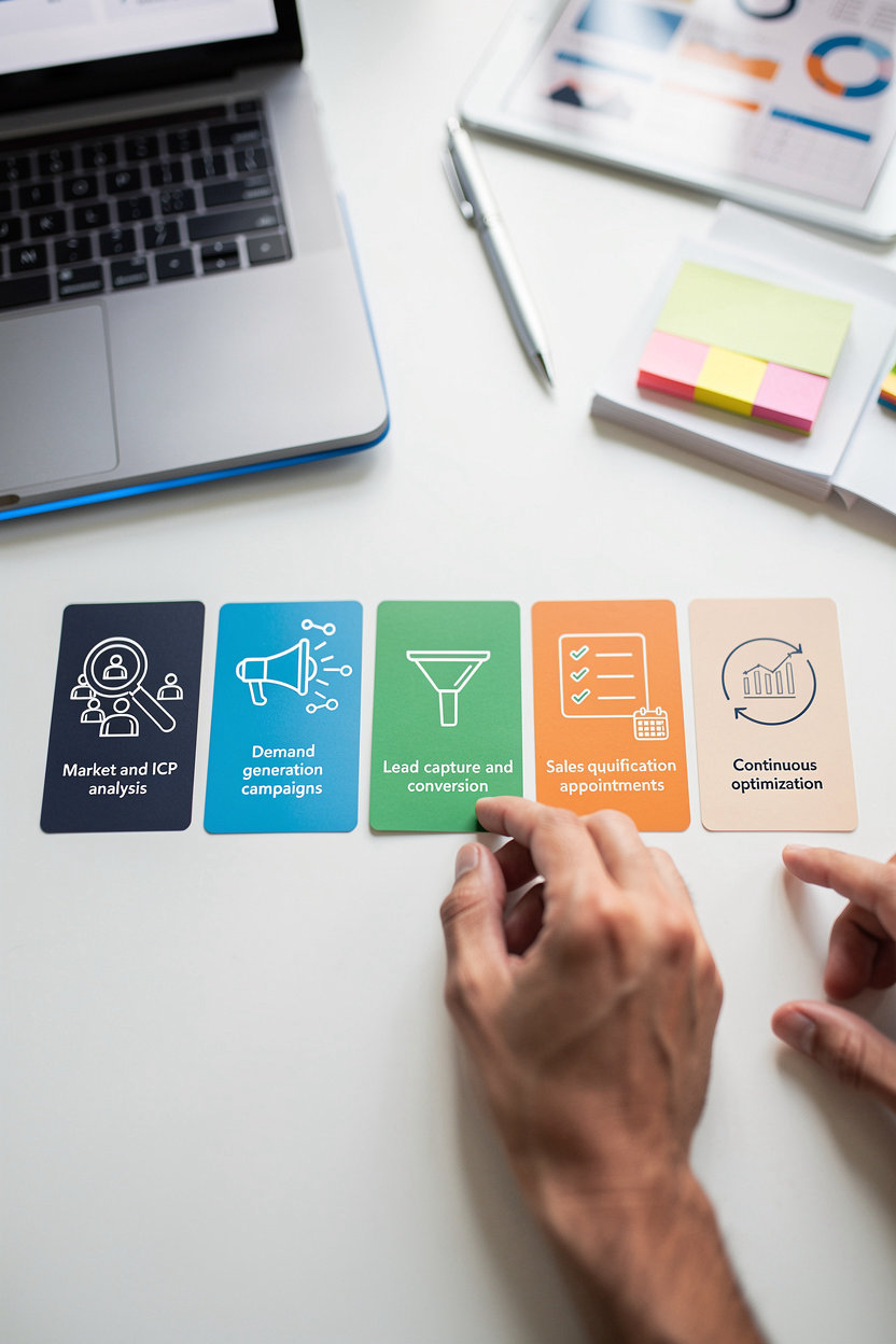 Lead Generation Agency Singapore | AI-Driven Demand Generation systematic 5-step process: Market Analysis, Demand Generation, Lead Capture, Sales Qualification, and Continuous Optimization for qualified B2B leads