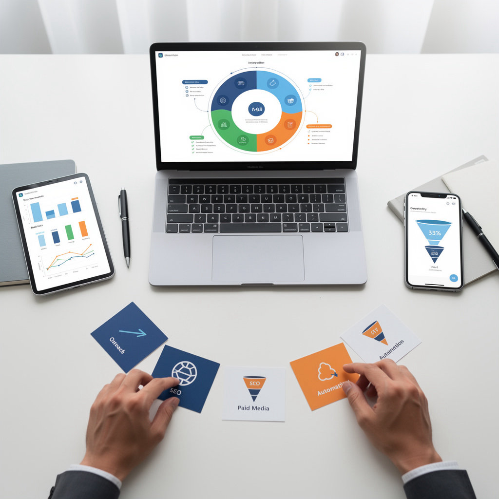 Lead Generation Agency Singapore | AI-Driven Demand Generation full-funnel services integration diagram showing SEO, paid media, ABM, automation, and outreach working together